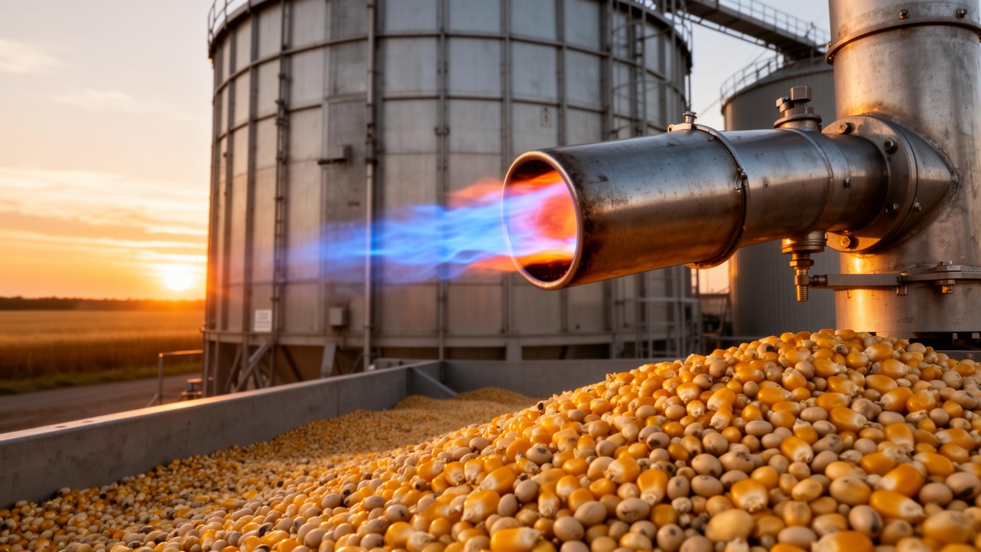 Queimador a gás industrial em operação em silo de secagem de grãos